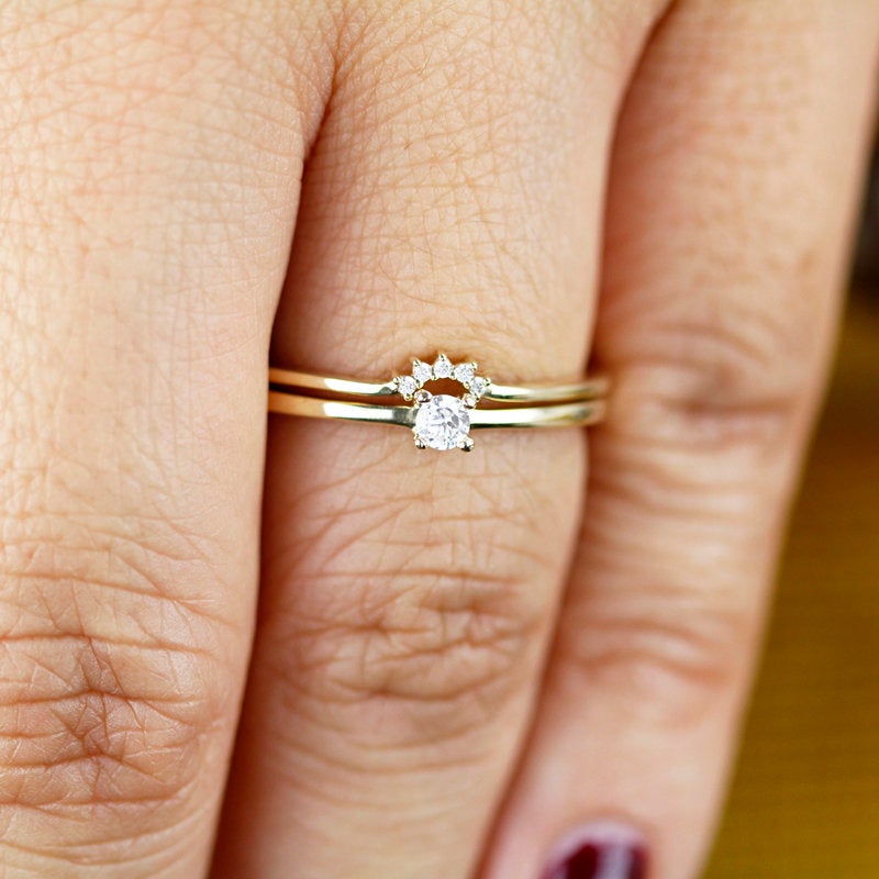 Wedding Ring Set, Diamond Engagement Ring, minimalist ring, dainty engagement ring, Diamond Ring, Diamond Wedding Ring, diamond wedding band - NOOI JEWELRY
