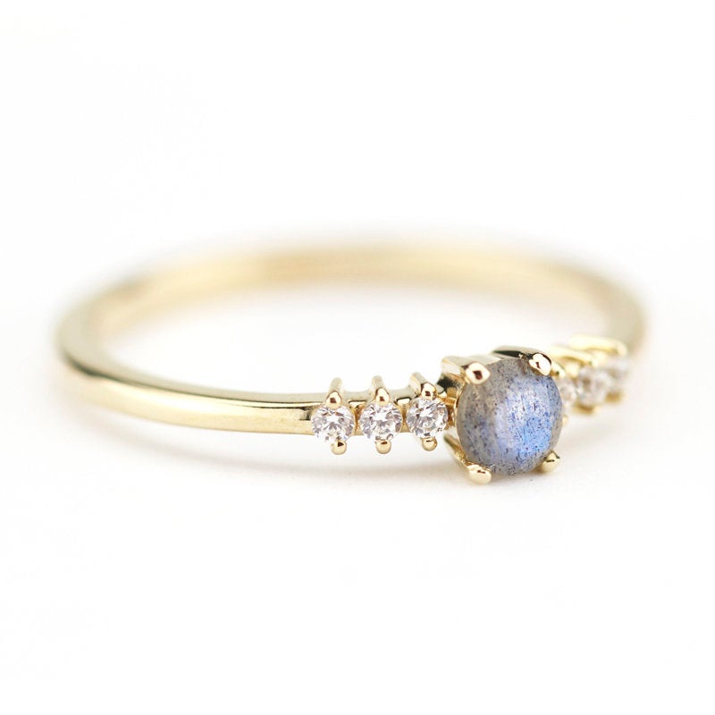 Round engagement ring with side stones unique, 4 mm Labradorite and diamond ring | R151LABRADORITE - NOOI JEWELRY