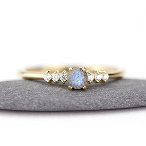 Round engagement ring with side stones unique, 4 mm Labradorite and diamond ring | R151LABRADORITE - NOOI JEWELRY