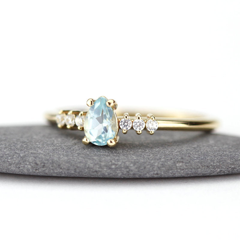 engagement ring blue topaz and diamond pear shaped tear drops - NOOI JEWELRY