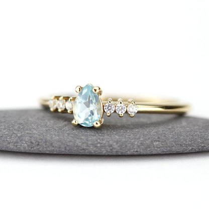 engagement ring blue topaz and diamond pear shaped tear drops - NOOI JEWELRY