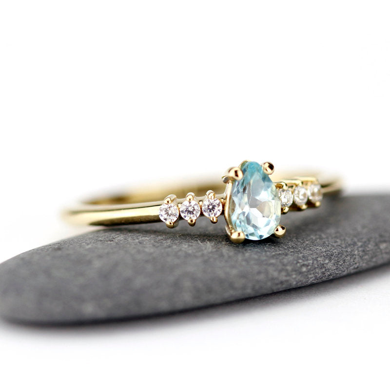 engagement ring blue topaz and diamond pear shaped tear drops - NOOI JEWELRY
