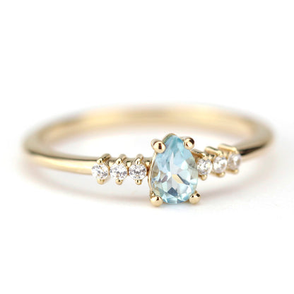 engagement ring blue topaz and diamond pear shaped tear drops - NOOI JEWELRY