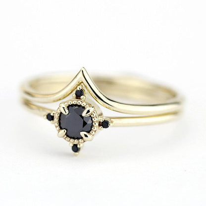 diamond ring, black diamond ring, wedding ring set, wedding ring, engagement ring, promise ring, wedding band, chevron band| R214R216BD - NOOI JEWELRY