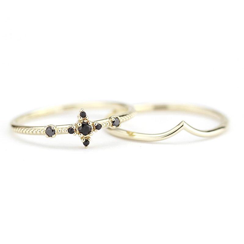 black diamond ring, wedding ring set, diamond ring, wedding ring, engagement ring, promise ring, wedding band, chevron band R 214 R 212 - NOOI JEWELRY