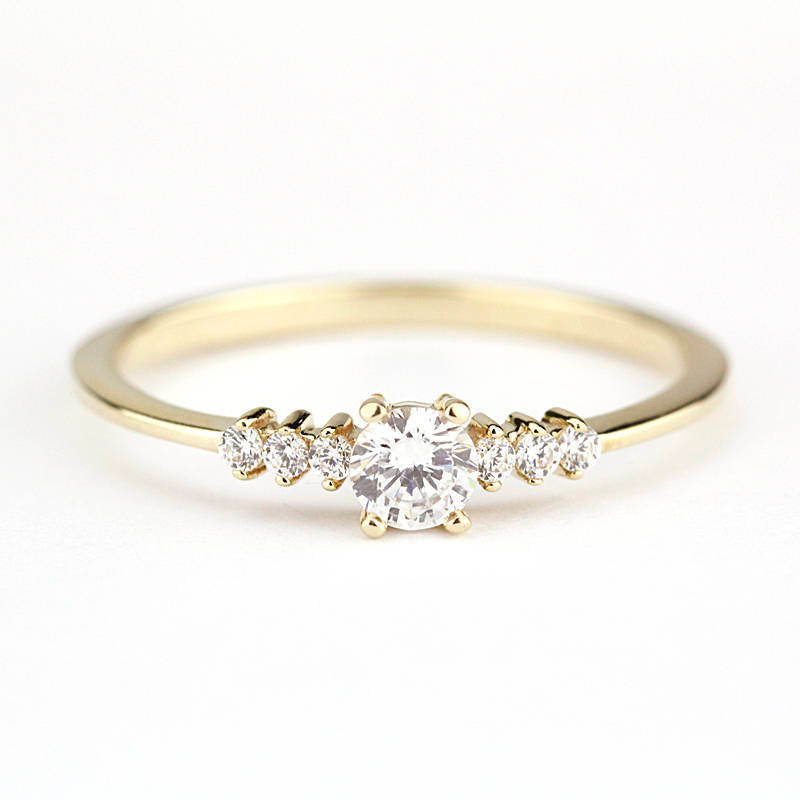 Round diamond engagement ring side stones thin band | Diamond rings modern simple - NOOI JEWELRY