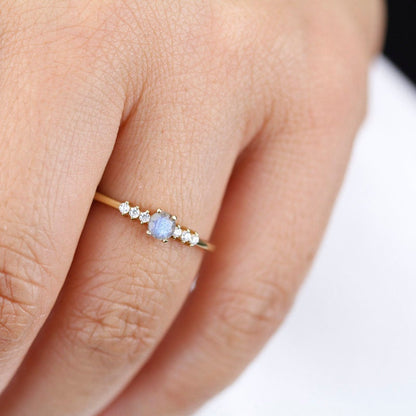 Round engagement ring with side stones unique, 4 mm Labradorite and diamond ring | R151LABRADORITE - NOOI JEWELRY