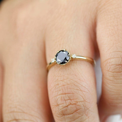 engagement ring black diamond, Black diamond ring, engagement ring , minimalist ring, delicate ring, cluster engagement, simple ring - NOOI JEWELRY