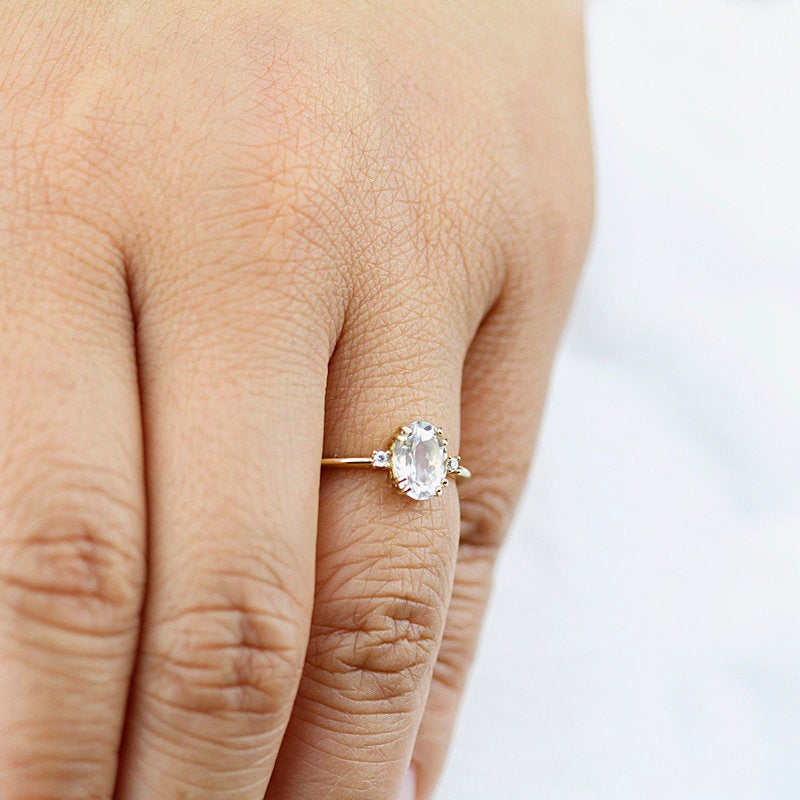 Oval engagement ring, three stone white topaz and diamond simple ring - NOOI JEWELRY