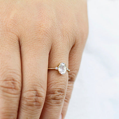 Oval engagement ring, three stone white topaz and diamond simple ring - NOOI JEWELRY