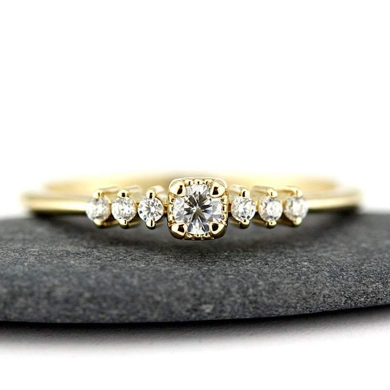 3 mm round diamond square setting simple | round engagement ring with side stones - NOOI JEWELRY