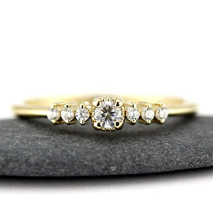 3 mm round diamond square setting simple | round engagement ring with side stones - NOOI JEWELRY