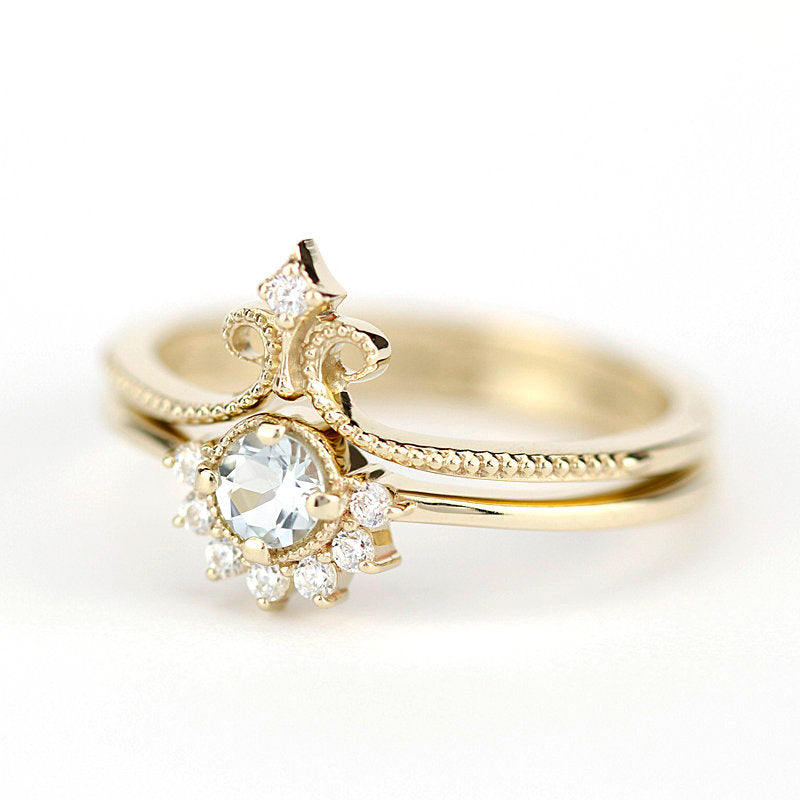 Wedding set aquamarine and diamonds, 18k gold cluster ring and wedding band - NOOI JEWELRY