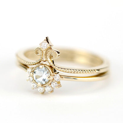 Wedding set aquamarine and diamonds, 18k gold cluster ring and wedding band - NOOI JEWELRY
