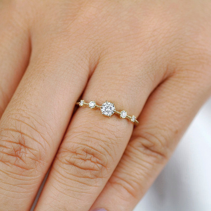Diamond cluster engagement ring round | Round engagement ring with side stones simple diamonds - NOOI JEWELRY
