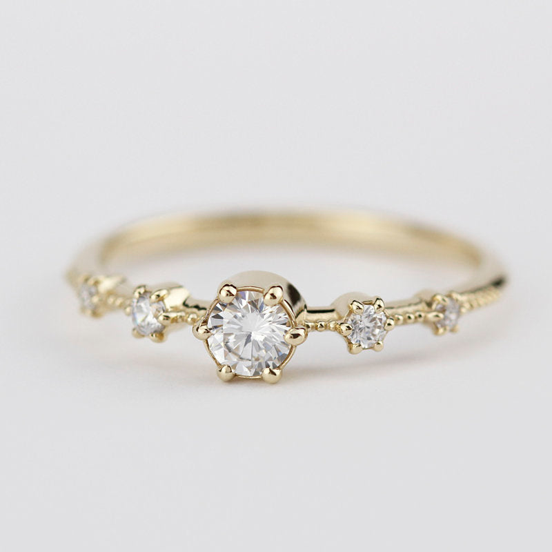 Diamond cluster engagement ring round | Round engagement ring with side stones simple diamonds - NOOI JEWELRY
