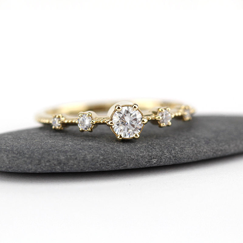 Diamond cluster engagement ring round | Round engagement ring with side stones simple diamonds - NOOI JEWELRY