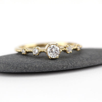 Diamond cluster engagement ring round | Round engagement ring with side stones simple diamonds - NOOI JEWELRY
