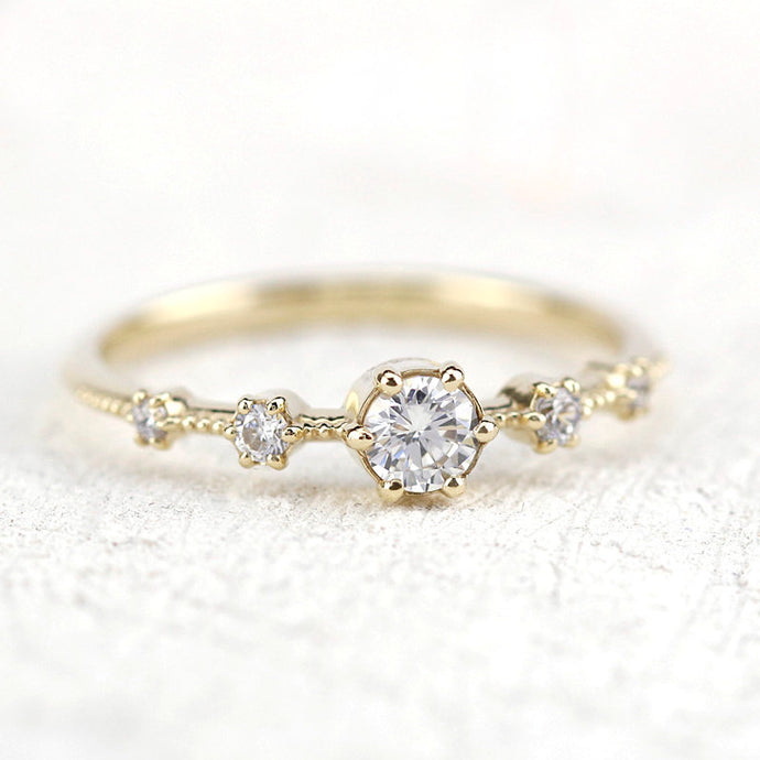 Diamond cluster engagement ring round | Round engagement ring with side stones simple diamonds - NOOI JEWELRY