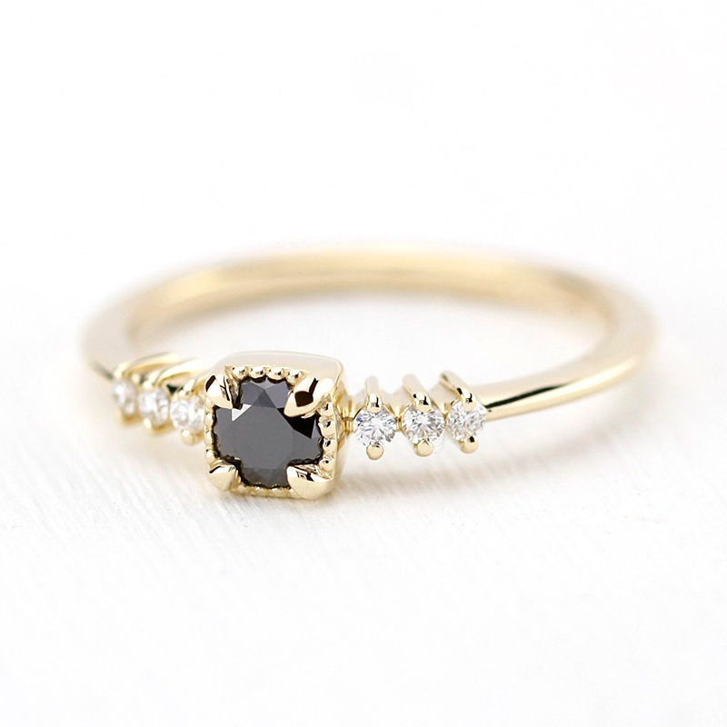 Engagement Ring, Dainty Engagement Ring, black diamond ring, Delicate Ring, classic ring, anniversary ring, minimalist ring, simple - NOOI JEWELRY