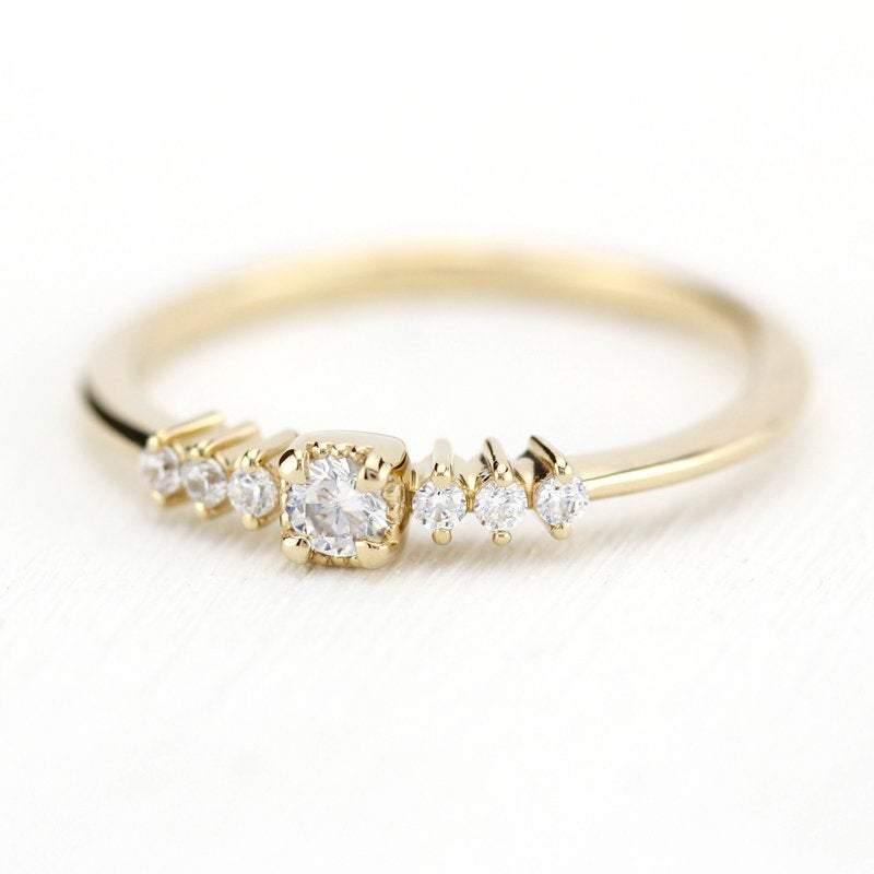 3 mm round diamond square setting simple | round engagement ring with side stones - NOOI JEWELRY