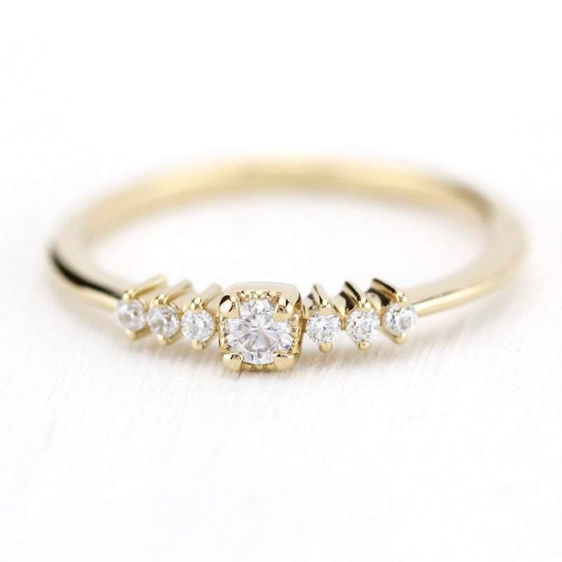 3 mm round diamond square setting simple | round engagement ring with side stones - NOOI JEWELRY