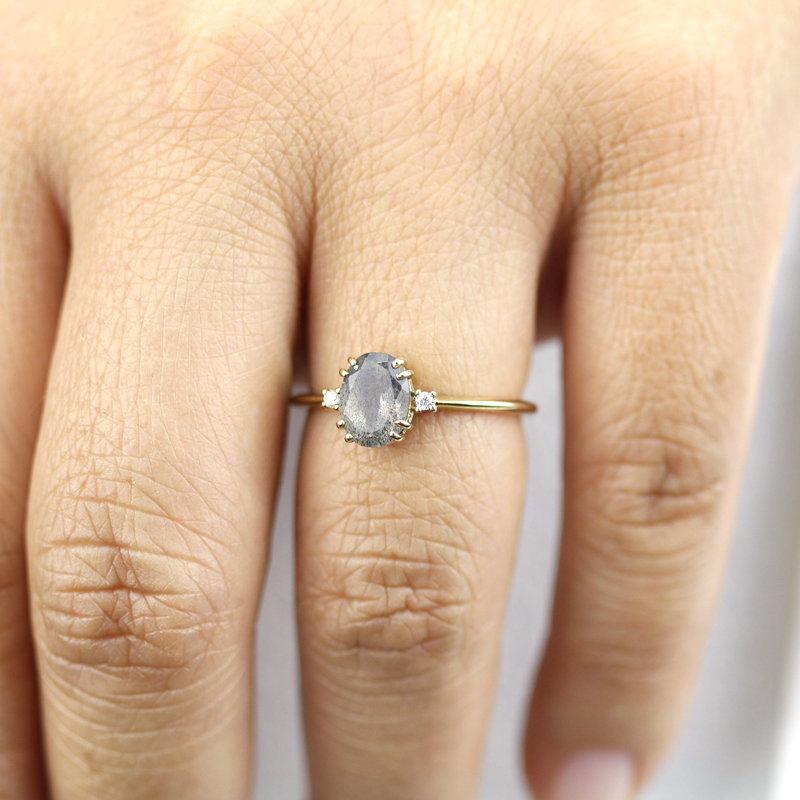 oval engagement ring labradorite with side stones unique - NOOI JEWELRY