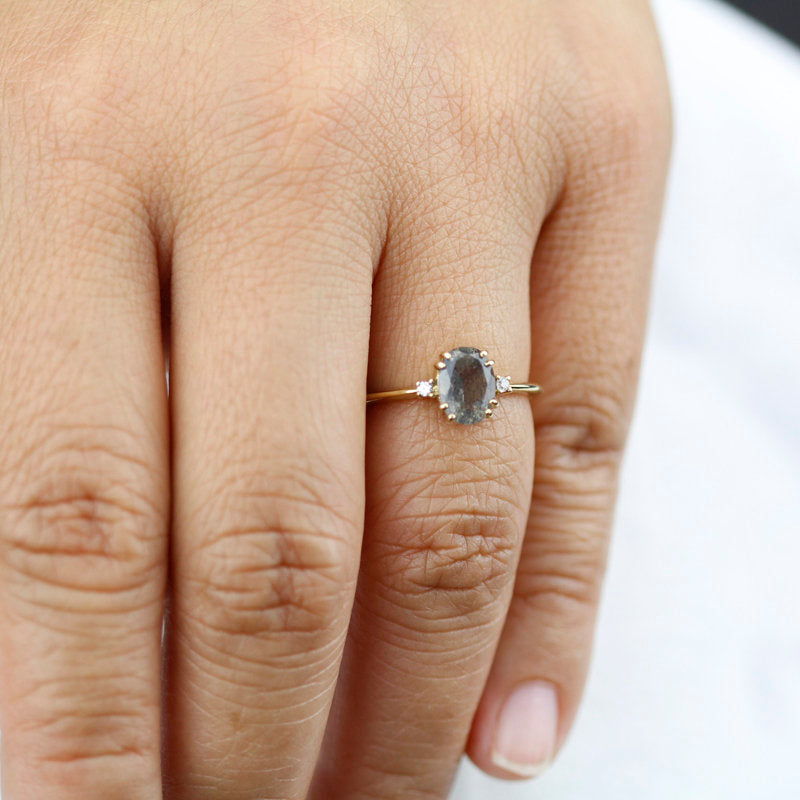 oval engagement ring labradorite with side stones unique - NOOI JEWELRY