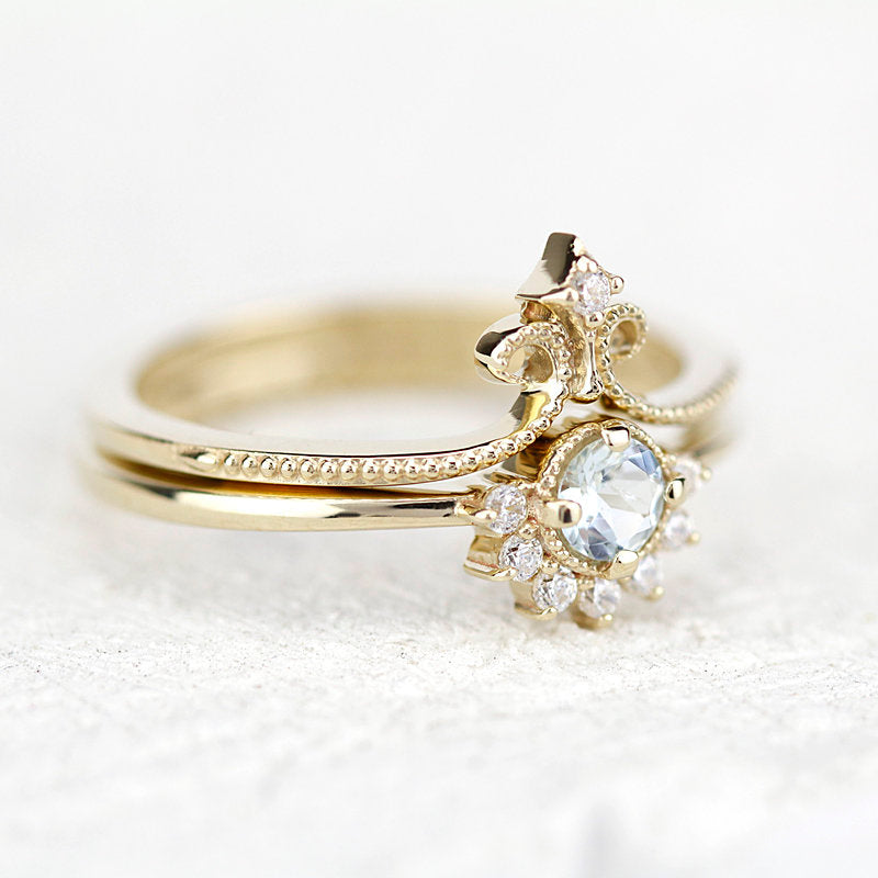 Wedding set aquamarine and diamonds, 18k gold cluster ring and wedding band - NOOI JEWELRY