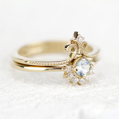 Wedding set aquamarine and diamonds, 18k gold cluster ring and wedding band - NOOI JEWELRY