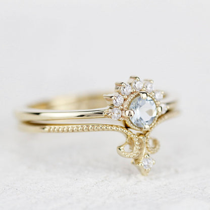 Wedding set aquamarine and diamonds, 18k gold cluster ring and wedding band - NOOI JEWELRY