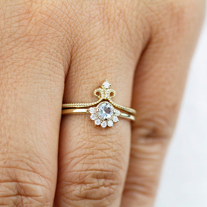 Wedding set aquamarine and diamonds, 18k gold cluster ring and wedding band - NOOI JEWELRY