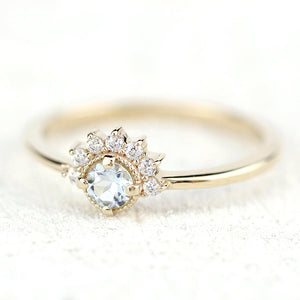 Wedding set aquamarine and diamonds, 18k gold cluster ring and wedding band - NOOI JEWELRY