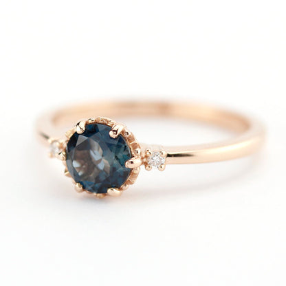 London blue topaz and diamonds engagement ring rose gold, three stones engagement ring - NOOI JEWELRY