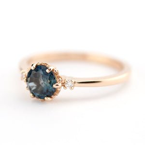 London blue topaz and diamonds engagement ring rose gold, three stones engagement ring - NOOI JEWELRY