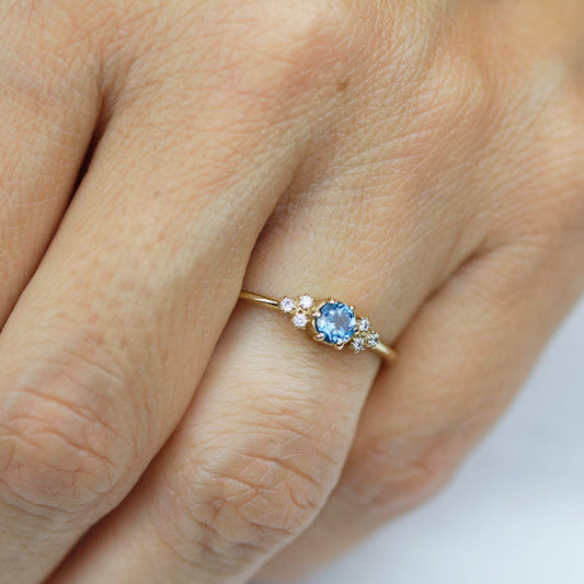 Simple engagement ring with side stones, London blue topaz engagement ring round - NOOI JEWELRY