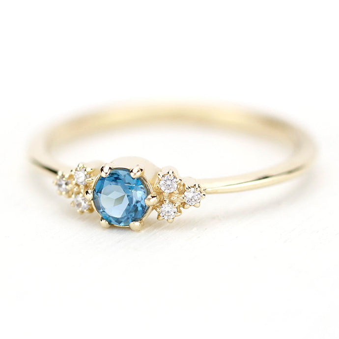 Simple engagement ring with side stones, London blue topaz engagement ring round - NOOI JEWELRY