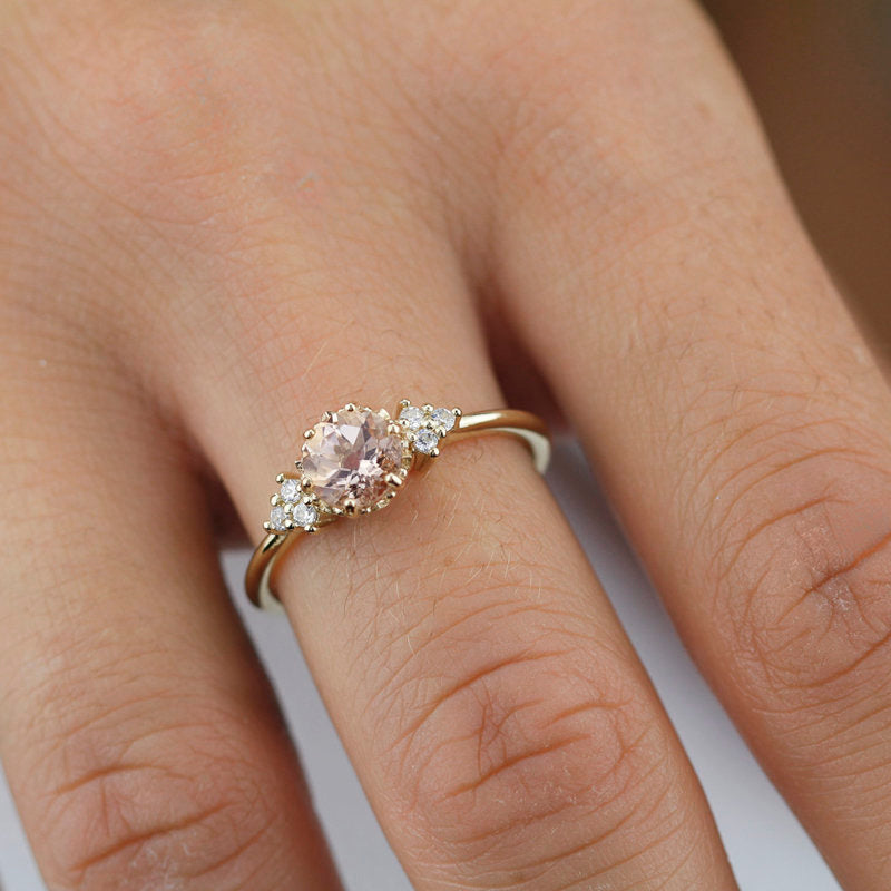 Morganite and diamond engagement ring, simple engagement ring 18k gold and diamond - NOOI JEWELRY