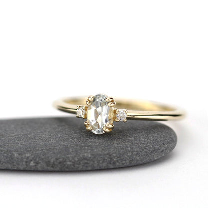 oval engagement ring with side stones unique, white topaz and diamond engagement ring - NOOI JEWELRY