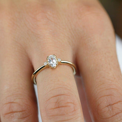 oval engagement ring with side stones unique, white topaz and diamond engagement ring - NOOI JEWELRY