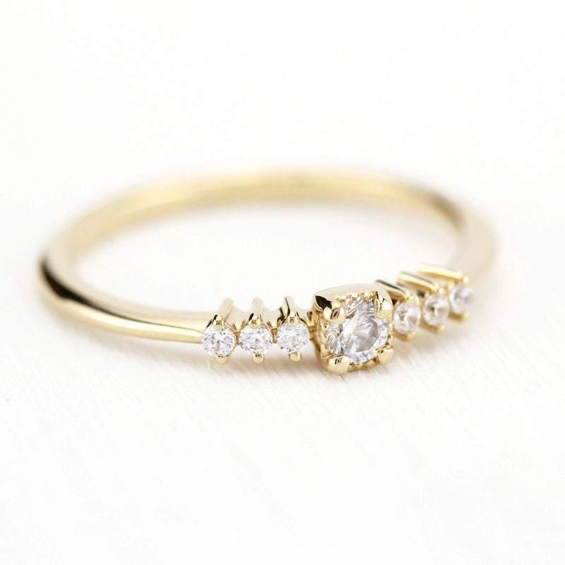 3 mm round diamond square setting simple | round engagement ring with side stones - NOOI JEWELRY