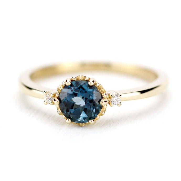 London blue topaz engagement ring unique, 18k gold and diamonds - NOOI JEWELRY