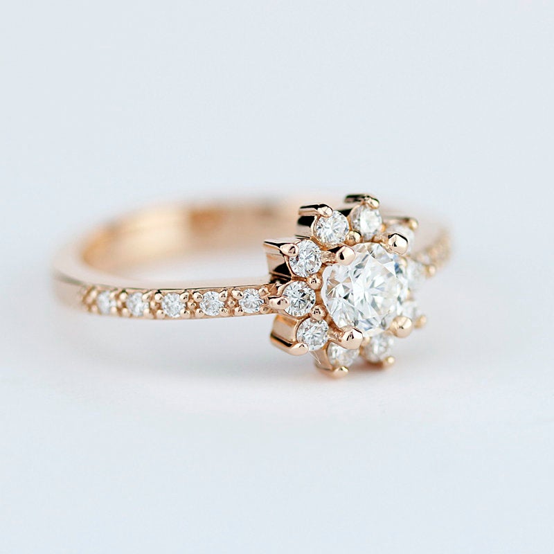 round engagement ing with halo and side stones | rose gold engagement ring round - NOOI JEWELRY