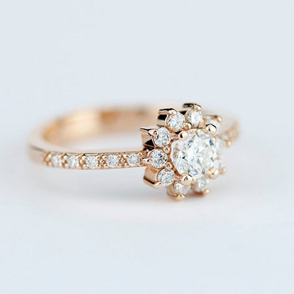 round engagement ing with halo and side stones | rose gold engagement ring round - NOOI JEWELRY