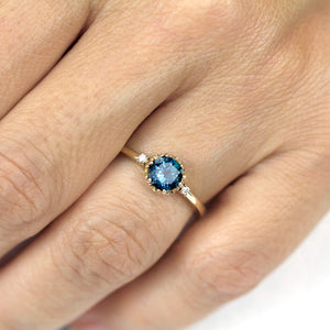 London blue topaz and diamonds engagement ring rose gold, three stones engagement ring - NOOI JEWELRY