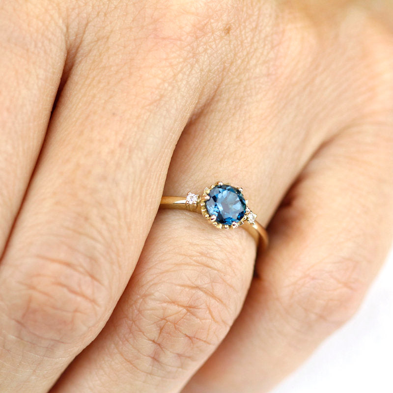 London blue topaz and diamonds engagement ring rose gold, three stones engagement ring - NOOI JEWELRY