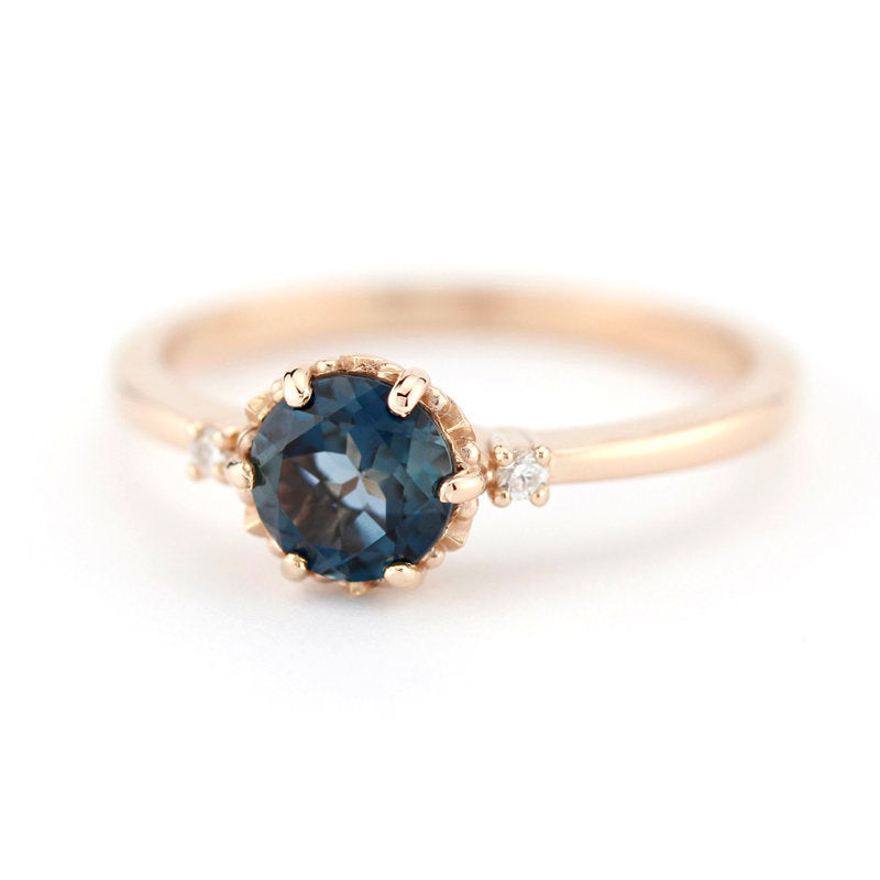 London blue topaz and diamonds engagement ring rose gold, three stones engagement ring - NOOI JEWELRY