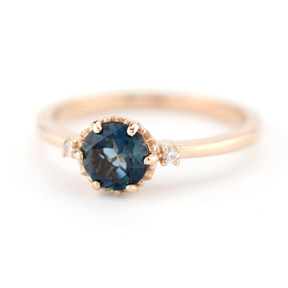 London blue topaz and diamonds engagement ring rose gold, three stones engagement ring - NOOI JEWELRY