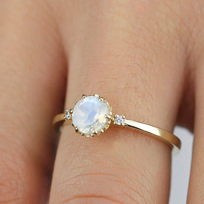 moonstone engagement ring three stones ring delicate engagement ring minimalist ring moonstone ring diamond ring unique engagement ring - NOOI JEWELRY