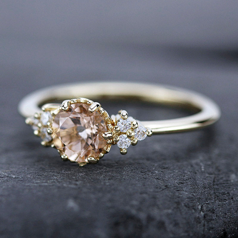Morganite and diamond engagement ring, simple engagement ring 18k gold and diamond - NOOI JEWELRY